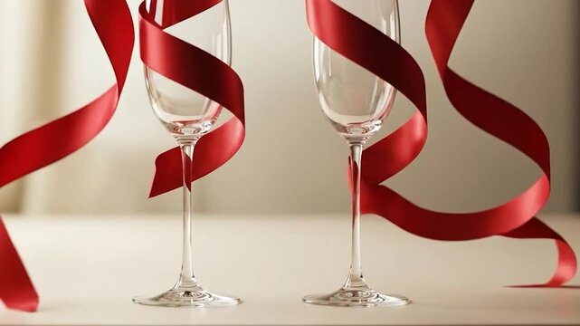 Elegant Wine Glasses with Red Ribbon Romantic Background
