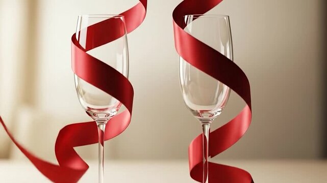 Elegant Wine Glasses with Red Ribbon Romantic Background