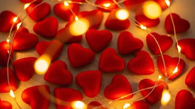 Red Heart Background with Golden Fairy Lights Romantic Animation