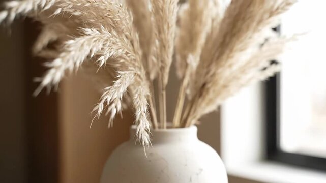 Close-up of dried pampas grass in a white vase near a window.