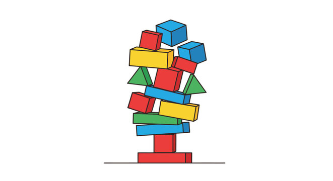 Precariously Stacked Colorful Building Blocks Tower Illustration. Geometric Shapes Balancing Game Concept, Symbolizing Instability and Risk.