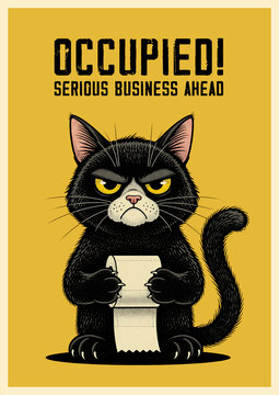 Grumpy cat on toilet with paper OCCUPIED SERIOUS BUSINESS AHEAD funny bathroom poster