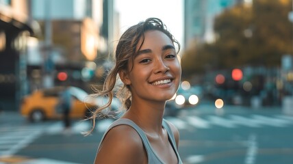 Smiling young woman portrait in a bustling city street setting