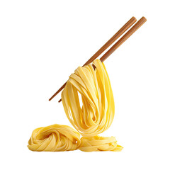 Golden flat pasta ribbons lifted by brown chopsticks, with fresh noodles resting below