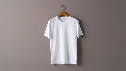 Simple plain white short sleeve tshirt hanging on a wooden hanger against a neutral background