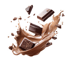 Milk chocolate splash with dark chocolate bars and shards against a black background