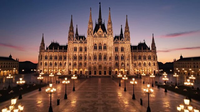Budapest Parliament Building Illuminated at Dusk Cinematic Aerial Drone Shot