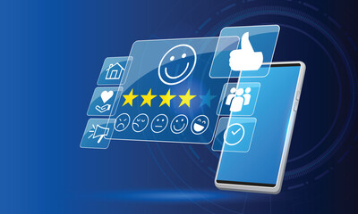 Customer Review Concept on Smartphone with Five Star Rating, Happy Smiley Face, and Digital Icons for Feedback, User Experience, and Online Service Satisfaction on Abstract Blue Background.