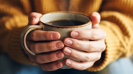 Warm hands embrace a steaming mug of dark coffee or tea