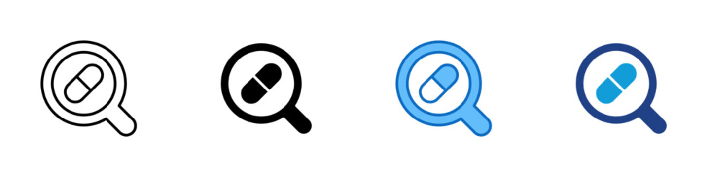 Medication Search Multiple Style Icon Design Vector - Magnifying glass with pill representing drug lookup, prescription review, and medical research