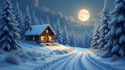 Fototapeta premium A glowing cabin in a snow-covered forest under a bright full moon.
