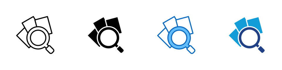 Document Review Multiple Style Icon Design Vector - Stack of documents with magnifying glass representing file analysis, record inspection, and information review