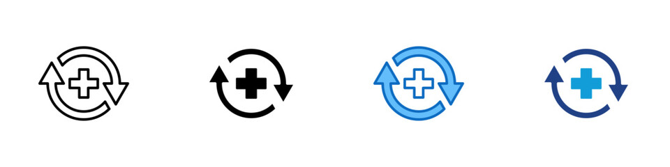 Obraz premium Health Refresh Multiple Style Icon Design Vector - Medical cross with circular arrows representing treatment renewal, recovery cycle, and ongoing care