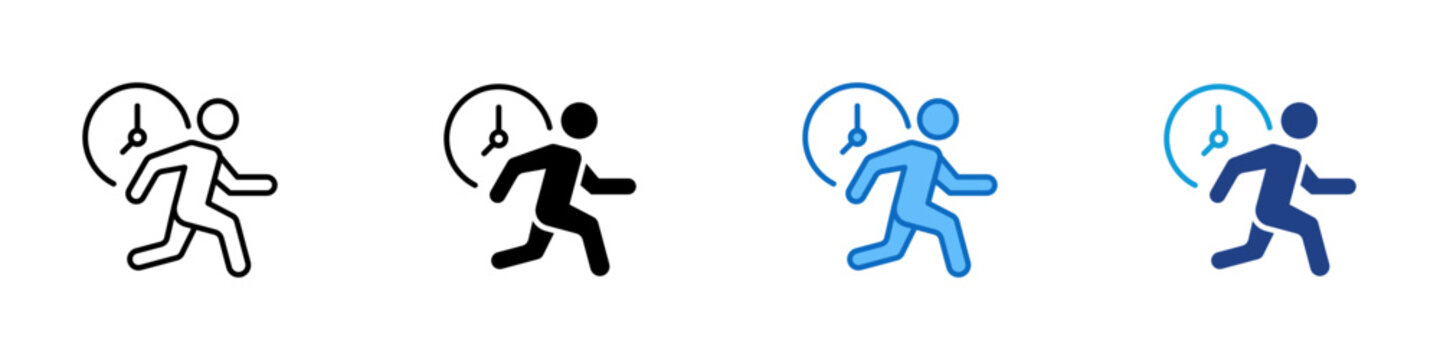 Deadline Rush Multiple Style Icon Design Vector - Running person with clock representing urgency, time pressure, and fast execution