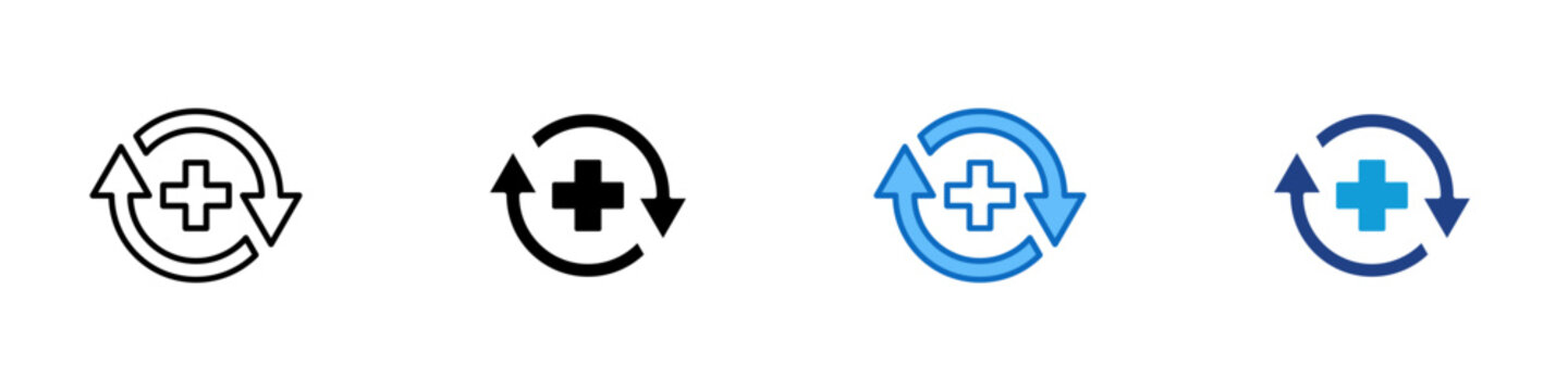 Health Refresh Multiple Style Icon Design Vector - Medical cross with circular arrows representing treatment renewal, recovery cycle, and ongoing care