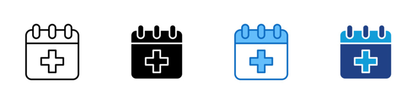 Medical Calendar Multiple Style Icon Design Vector - Calendar with medical cross representing healthcare scheduling, appointment planning, and treatment timeline