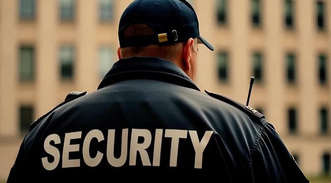 A security guard wearing a uniform holds a radio outside a building