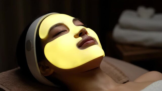 Woman getting a light therapy facial with glowing blue, yellow, and orange led mask for beauty and skin care