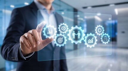 Fototapeta premium Businessman touching holographic gears with icons for business metrics and collaboration