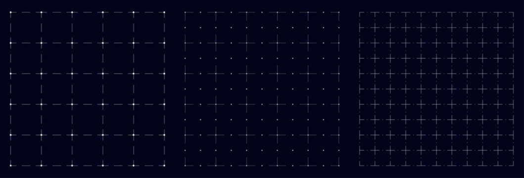Black blueprint grid backgrounds set  with square shape and white lines.  Blueprint base, notebook sheets, paper for school notes. Editable stroke