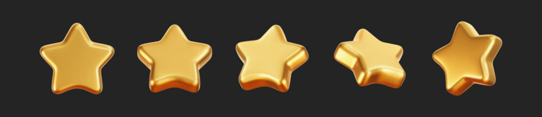 Obraz na płótnie Canvas 3D golden star icons isolated on black background. Realistic yellow metal pentagram element for review, award, badge, luxury gift, premium trophy or customer feedback. Glossy vector decoration design