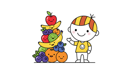 Fototapeta premium Cheerful cartoon boy, happily waving, stands beside a towering pile of various smiling fruits, symbolizing healthy eating and abundance.