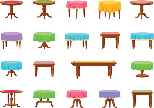 Colorful Cartoon Table Set Collection with Wooden Furniture Designs for Games, Apps, and Interior Illustrations