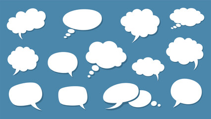 Fototapeta premium Collection of various white speech and thought bubbles with shadows on a solid blue background for communication design elements.