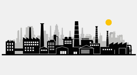 Obraz premium Industrial city factory skyline silhouette with chimneys warehouses and production plants representing heavy manufacturing zone 
