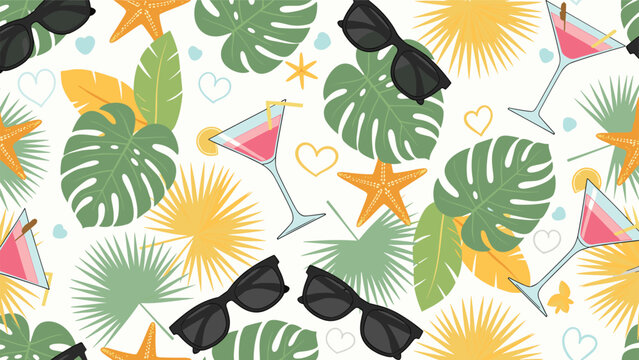 Vibrant tropical summer seamless pattern featuring sunglasses, pink cocktail drinks, green palm leaves, yellow starfish, and hearts.