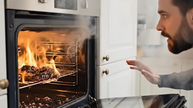 Shocked man looking at burning food with black smoke in the kitchen oven. Kitchen disaster.