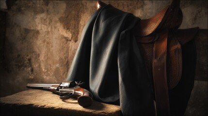 Fototapeta premium High-end product photo showcasing aged leather and metal patina. Focus on antique saddle and pistol craftsmanship under professional lighting