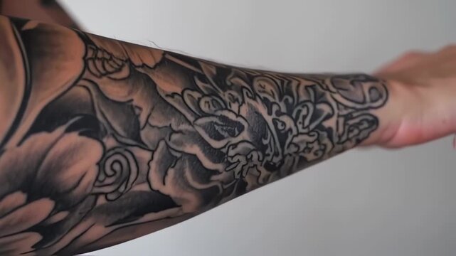 Black ink tattoo of intricate floral and abstract design on forearm