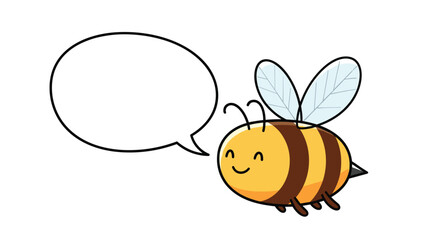 Obraz premium Adorable cartoon bee happily flying alongside a large empty speech bubble, ready for custom text or a playful message.