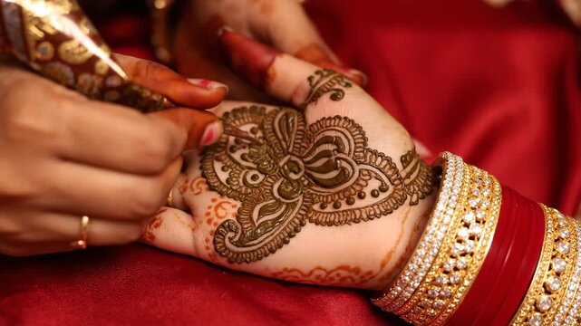 Woman applying intricate mehndi design to hand with bangles on red fabric, showcasing traditional art and festive adornment