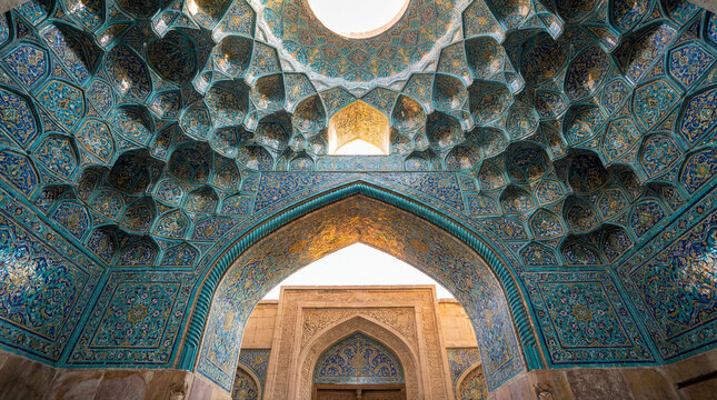 Intricate Islamic Dome Interior with Geometric Mosaic Tiles and Arches, Architectural Photography for Travel and Culture Themes
