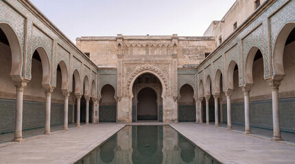 Fototapeta premium Intricate Moroccan Courtyard with Reflecting Pool and Arches, Traditional Islamic Architecture Photography for Travel and Cultural Themes