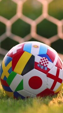 Soccer ball with world flags bouncing on grass by goal, vertical