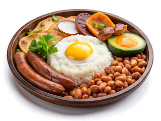 Colombian bandeja paisa with beans, rice, egg and meat,