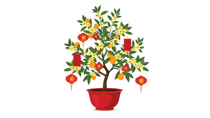 A festive kumquat tree in a red pot, decorated with hanging red lanterns for the Chinese and Vietnamese Lunar New Year celebration.