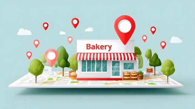 Vibrant 3D illust n of a bakery business situated on a graphic map  Multiple location pins highlight its accessibility ideal for concepts of local search navigation and retail
