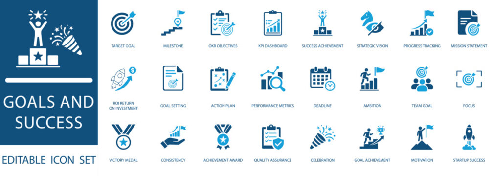 goals and success icon set . including target, achievement, ROI, KPI dashboard, and mission symbols. Blue flat editable vector for strategic growth and startup.