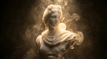 Fototapeta premium A classical statue with its face and part of shoulder in a cloud like shape. The atmosphere surrounding the statue creates a mystical feeling