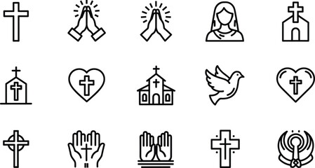 Fototapeta premium Set of religious including crosses, praying hands, church, dove, and heart symbols religious cross