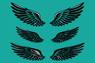 Fototapeta premium Six Stylized Black and White Wings on Teal Background, Symmetry