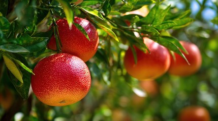 Obraz premium Red Grapefruit Fruits Hanging on Tree in Citrus Orchard