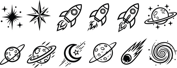 Set of space-themed including rockets, planets, stars, and a comet © allustra