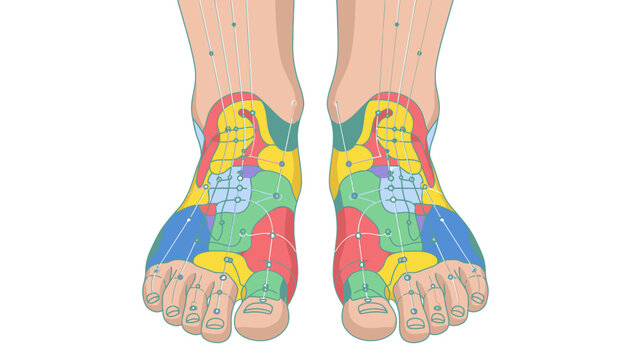 Acupuncture Foot Reflexology Chart with Color Zones and Meridian Lines, Detailed Medical Illustration for Alternative Therapy and Wellness Education