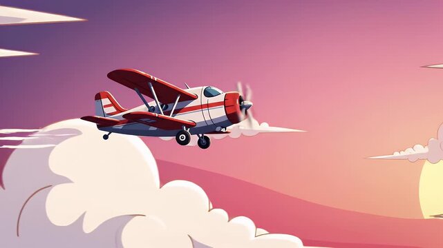 Cartoon biplane flying through vibrant pink sunset sky with clouds