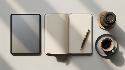 Minimalist workspace setup featuring a tablet notebook pen and coffee